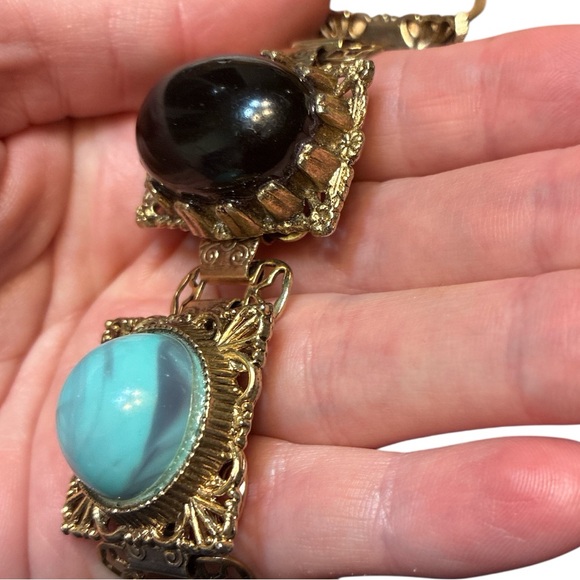 Vintage Book Chain Faux Turquoise & Onyx Bracelet - Picture 2 of 4
